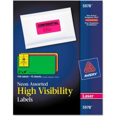AVERY Avery® High-Visibility Laser Labels, 2 x 4, Assorted Neons, 150/Pack 5978